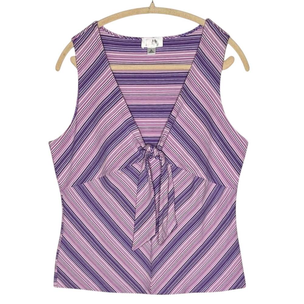 Loft Striped Tank Top XL Purple Pink Chevron Tie Front Sleeveless Retro Mod Knit